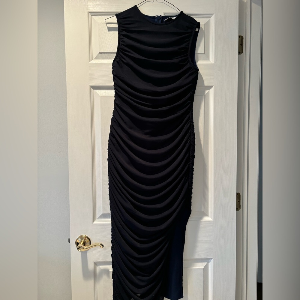 Midnight blue full length evening dress.